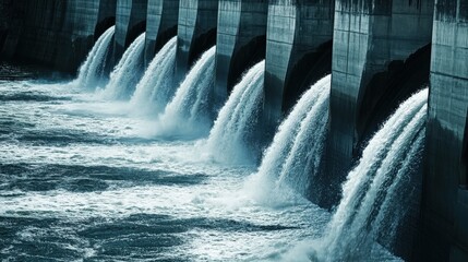 Water flowing from dam spillways into river, showcasing engineering marvel amidst serene nature