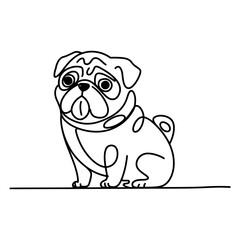 Cute Pug Dog Sitting on Line, Minimalist Line Art Illustration, Simple Black and White Drawing