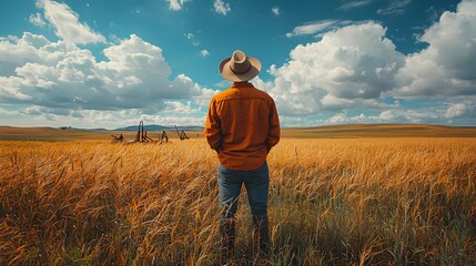 A farmer in a wide grass field, preparing for hay harvesting, with rustic farm tools nearby.
