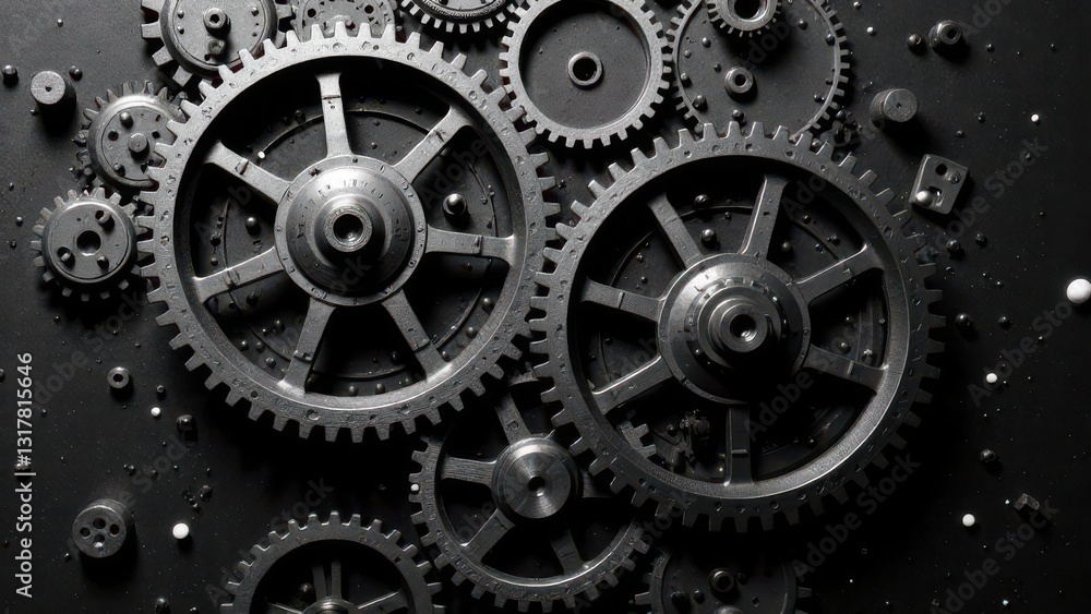 Poster A detailed display of interlocking black gears set against a dark surface highlighting the complexity and precision of mechanical engineering in a captivating manner.