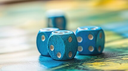 Close-Up View of Blue Wooden Dice on a Colorful Board Game Surface Symbolizing Chance and Decision-Making in Tabletop Games