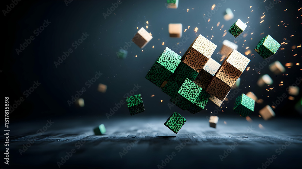 Poster floating pixelated cubes in green and brown colors against dark background with bokeh effect