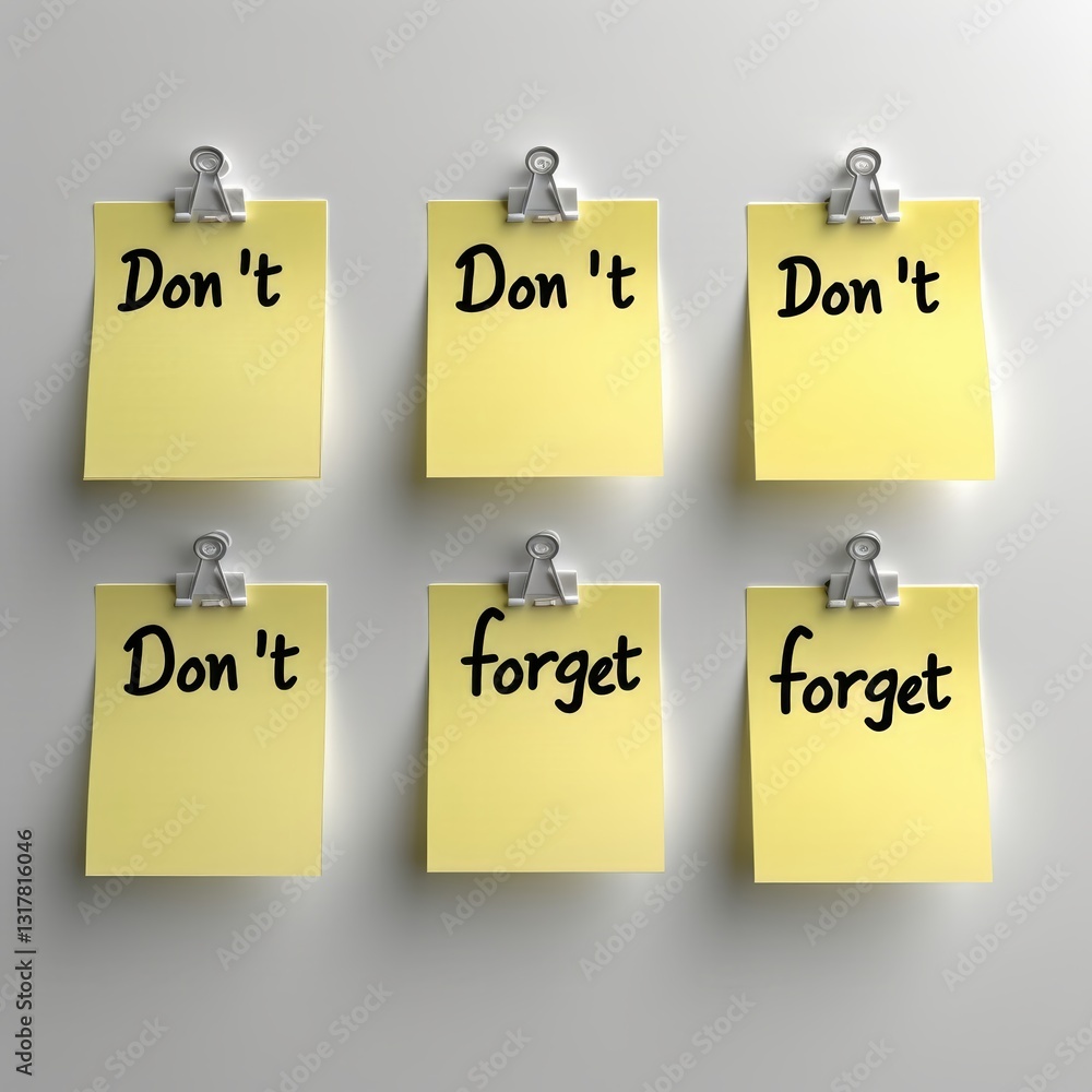 Aufkleber a close-up view of handwritten notes saying don't and forget on yellow sticky notes. the notes are c