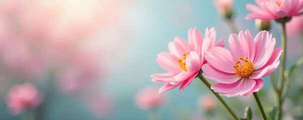 Fototapeta premium Soft pastel spring flowers on a blurred background, colorful, pastel, flowers