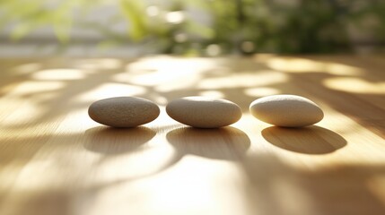 Three smooth pebbles arranged on a wooden surface with soft natural light and blurred greenery