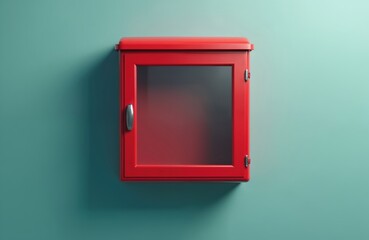 Crimson safety container with breakable glass for emergency situations mounted on blue wall. Empty red box with handle for danger, disaster and risk management. Copy space for text or logo.