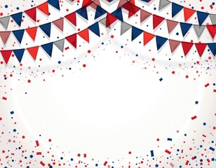 Festive border design with red, white, blue bunting, confetti for patriotic theme. Celebration banner with ribbon streamer trim. American holiday party decoration, national event sale background