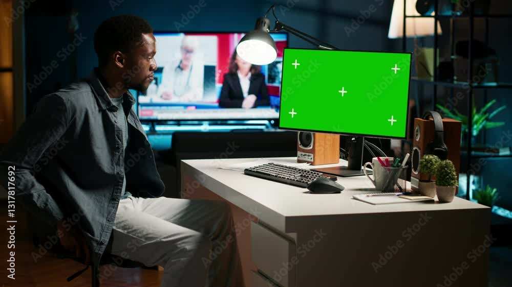 Poster male freelancer sitting at his desk with copy space screen on computer, browsing the web and enjoys 