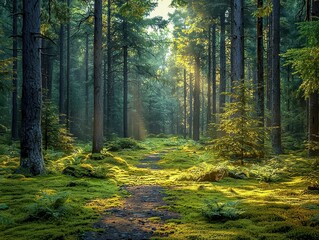 Fototapeta premium Immerse yourself in Sweden's stunning Scandinavian wilderness where lush green mossy forests come alive beneath towering trees, perfect for a hiking adventure amidst nature's serene beauty.