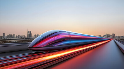 Streamlined High Speed Train in Motion with Light Trails on Railway Track with Urban Cityscape Background at Sunset