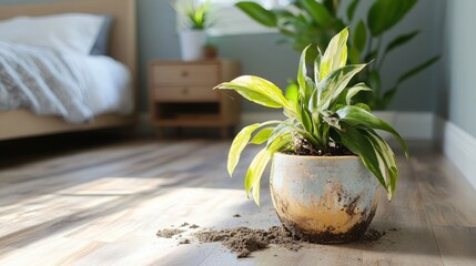 Indoor Plant with Soil Messily Spilled on a Warm Wooden Floor Creating a Cozy and Natural Atmosphere in a Bright Bedroom Setting