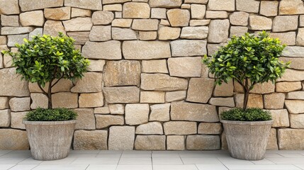 Two symmetrical potted trees against a textured stone wall in a serene outdoor setting