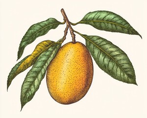 Ripe mango on branch, leaves, white background, food illustration, recipe design