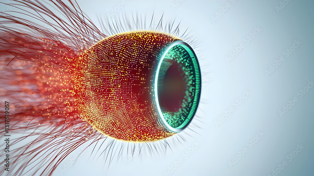 Poster dynamic burst of red and orange particles with glowing green ring on a gradient background