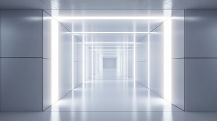 Futuristic White Corridor with Bright Neon Lights: A Modern Architectural Design