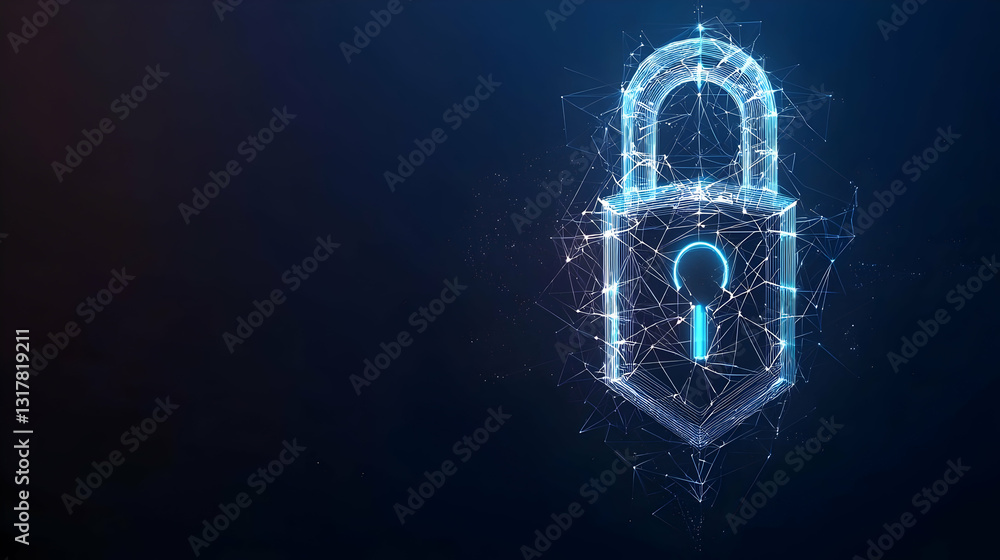 Poster digital representation of a blue glowing padlock with light points on a dark background