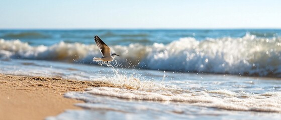 Fototapeta premium Seabird flying over ocean wave, sandy beach