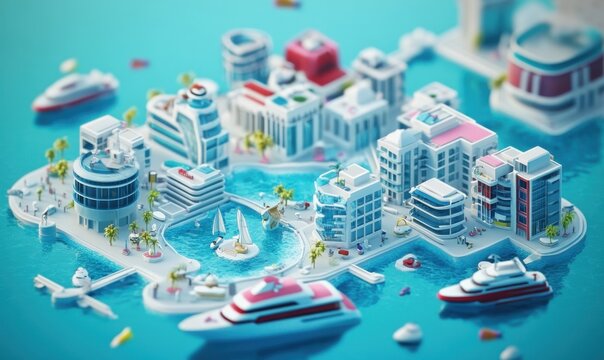 Miniature coastal city with yachts, buildings, and leisure activities