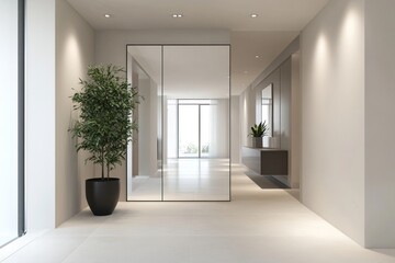 Obraz premium Modern Interior Design with Minimalist Hallway, Glass Doors, and Greenery for Contemporary Home