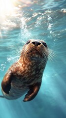Fototapeta premium Seal pup underwater, ocean sunlight, marine wildlife