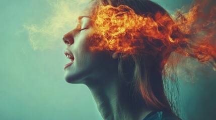 Woman with fiery energy emanating from her head, expressing intense emotion in a surreal setting