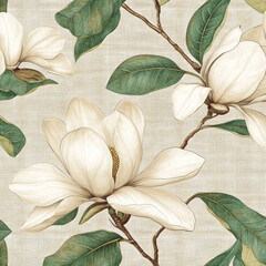 Seamless pattern of creamy white magnolia blossoms and green leaves on beige linen background.