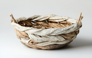 Obraz premium Handwoven Beige and Off-White Fiber Bowl on White Background