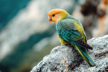 Vibrant Peach-Faced Lovebird with Turquoise, Yellow and Orange Plumage Perched Majestically on Gray Stone Against Blurred Background
