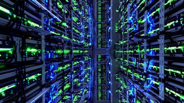 Green and blue lights pulsing across server room, highlighting intricate network infrastructure and technological complexity inside modern data center facility