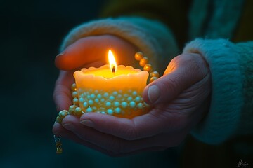 A warm candle glows as held carefully in open hands