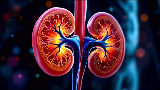 Detailed 3D render of human kidneys showing intricate internal structure and vascular system.