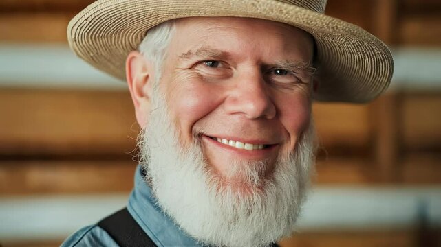 Smiling white bearded farmer looking at the camera wearing a straw hat