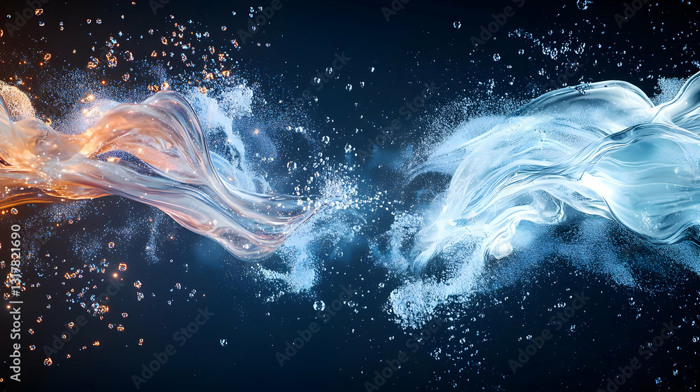 Poster collision of fire and ice particles streams with dynamic flow on a dark background in 3d abstract di