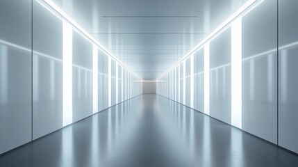 Futuristic White Corridor with Bright LED Lights: Modern Architecture and Interior Design Concept