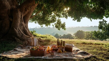 picnic on a handmade blanket under a giant tree, surrounded by eco-friendly food containers and fresh fruits
