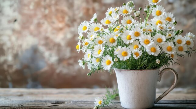 Bright white daisies in a rustic ceramic cup resting on a wooden table against a textured beige background