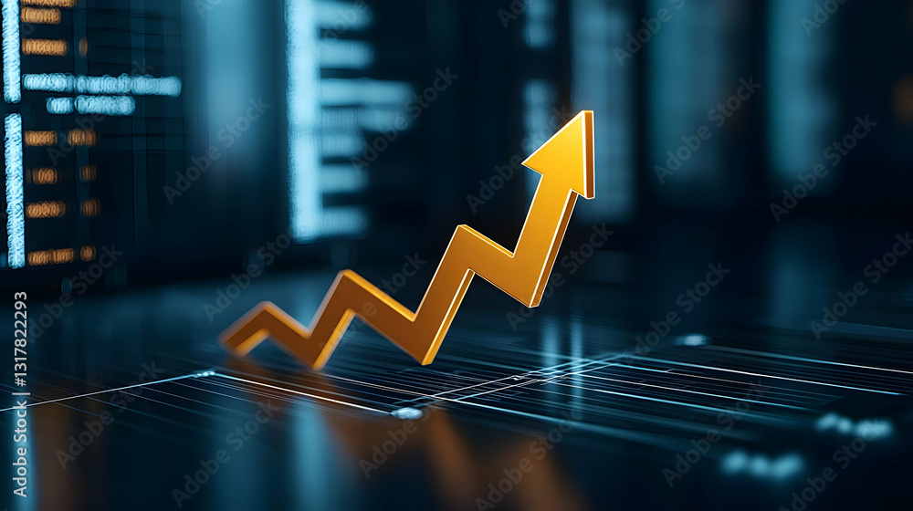 Poster 3d golden zigzag growth arrow on dark technology background with data reflecting on shiny surface