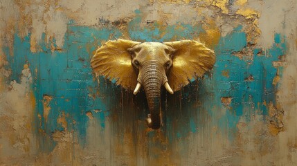 Gold Elephant Head on Textured Wall