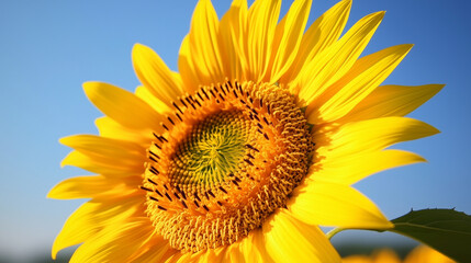 A bright sunflower in close-up, its yellow petals glowing against a clear blue sky.