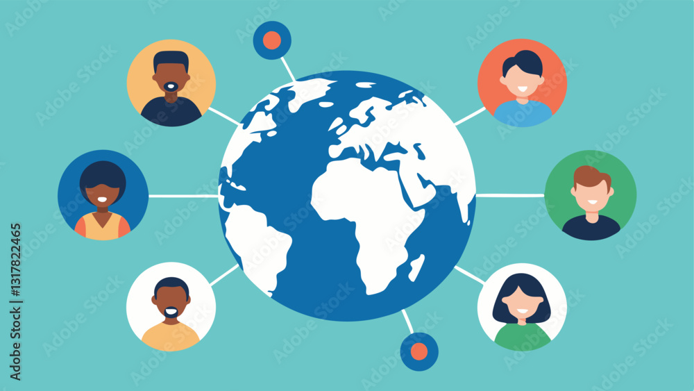 Poster global networking people from various backgrounds connected via a globe highlighting the interconnec