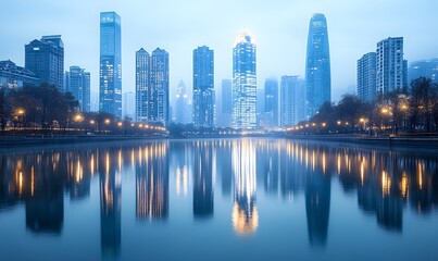 Naklejka premium Urban Reflections: City Skyline Mirrored on Still Water at Dusk