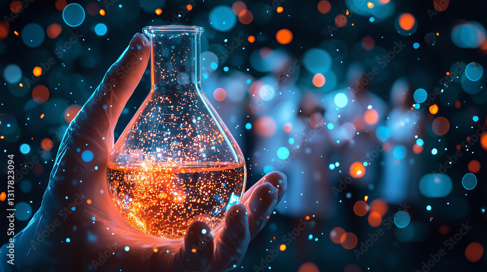 Poster scientist holding glowing flask filled with colorful liquid, surrounded by blurred figures in lab. a