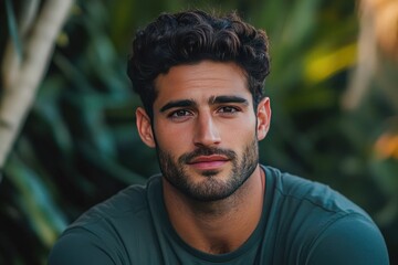 Fototapeta premium A Confident Young Man with Curly Hair Smiling Gently Surrounded by Lush Greenery in a Natural Setting