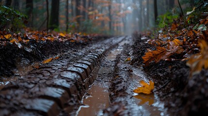 A single motorcycle tire track cutting through soft, wet forest mud, surrounded by fallen leaves and morning mist.
