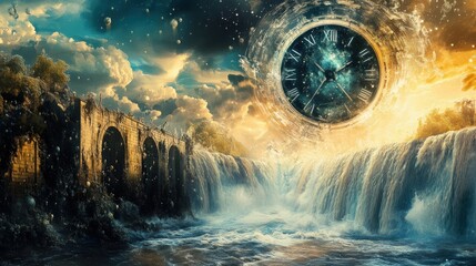 A surreal landscape with a clock face superimposed over a waterfall, creating a dreamlike and fantastical scene.