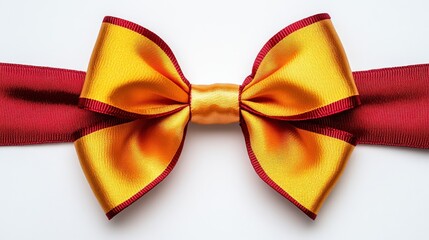 Vibrant yellow and red satin bow centered on a white background, ideal for gift wrapping