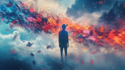A man stands in a cloud of colorful paint, gazing into the distance.