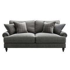 Fototapeta premium Elegant Gray Fabric Sofa with Pillows Home Decor room room isolated on transparent background