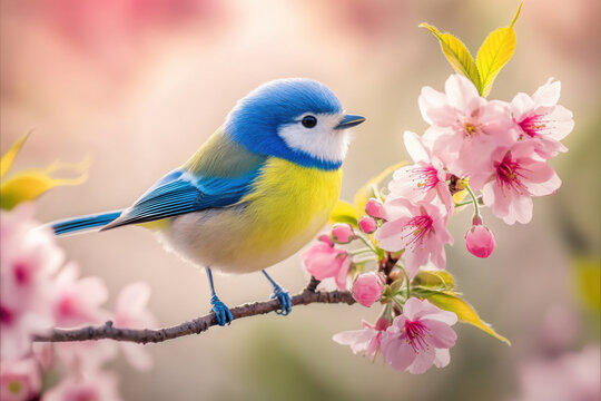 Colorful bird perched on blooming cherry flowers. Blue tit on cherry blossom branch.
