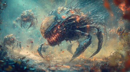 A large, menacing creature with glowing eyes and sharp teeth dominates the scene, surrounded by smaller, similarly menacing creatures in a dark, mysterious underwater environment.